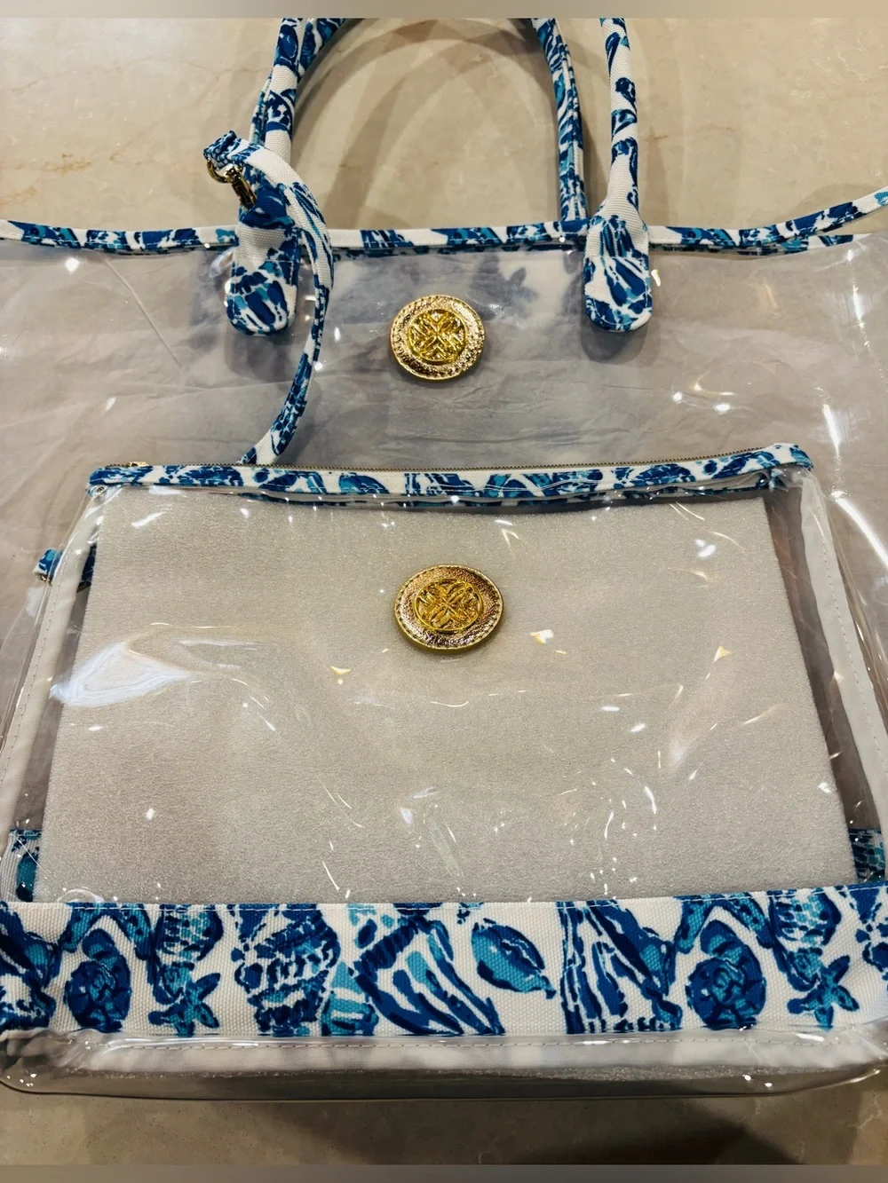 Lilly Pulitzer Clear Tote with Blue Shell-Print Trim